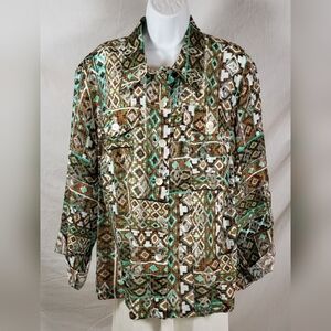 RUBY RD. Brown and Green Aztec Print Button Up Shirt Jacket - Size 18W or 1X